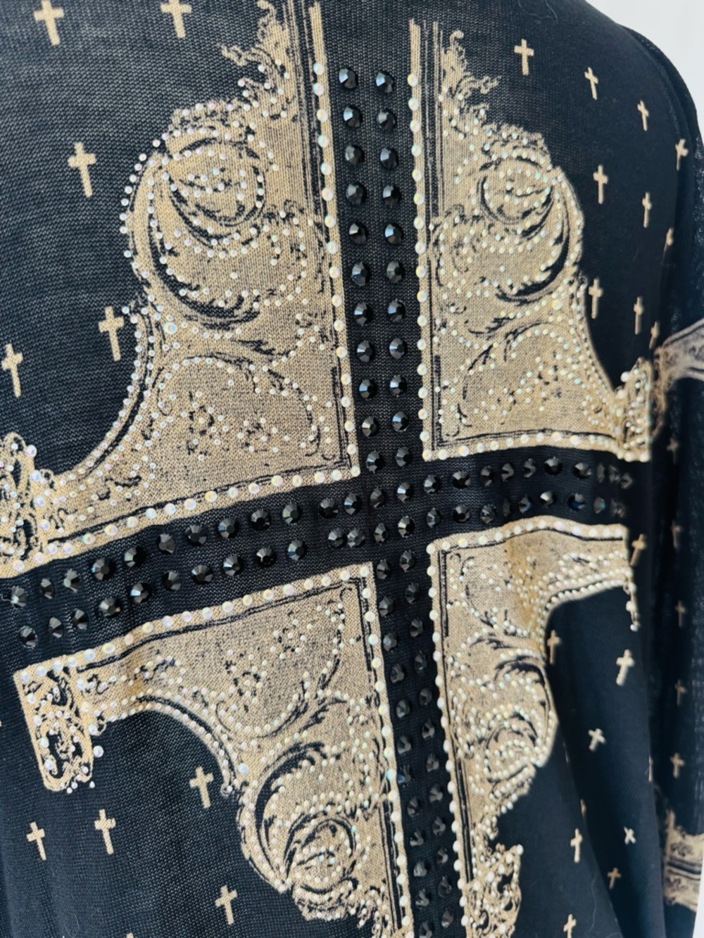 Vocal Black Sheer Embellished Cross Cardigan | Studded Gothic Boho Duster - Picture 9 of 11